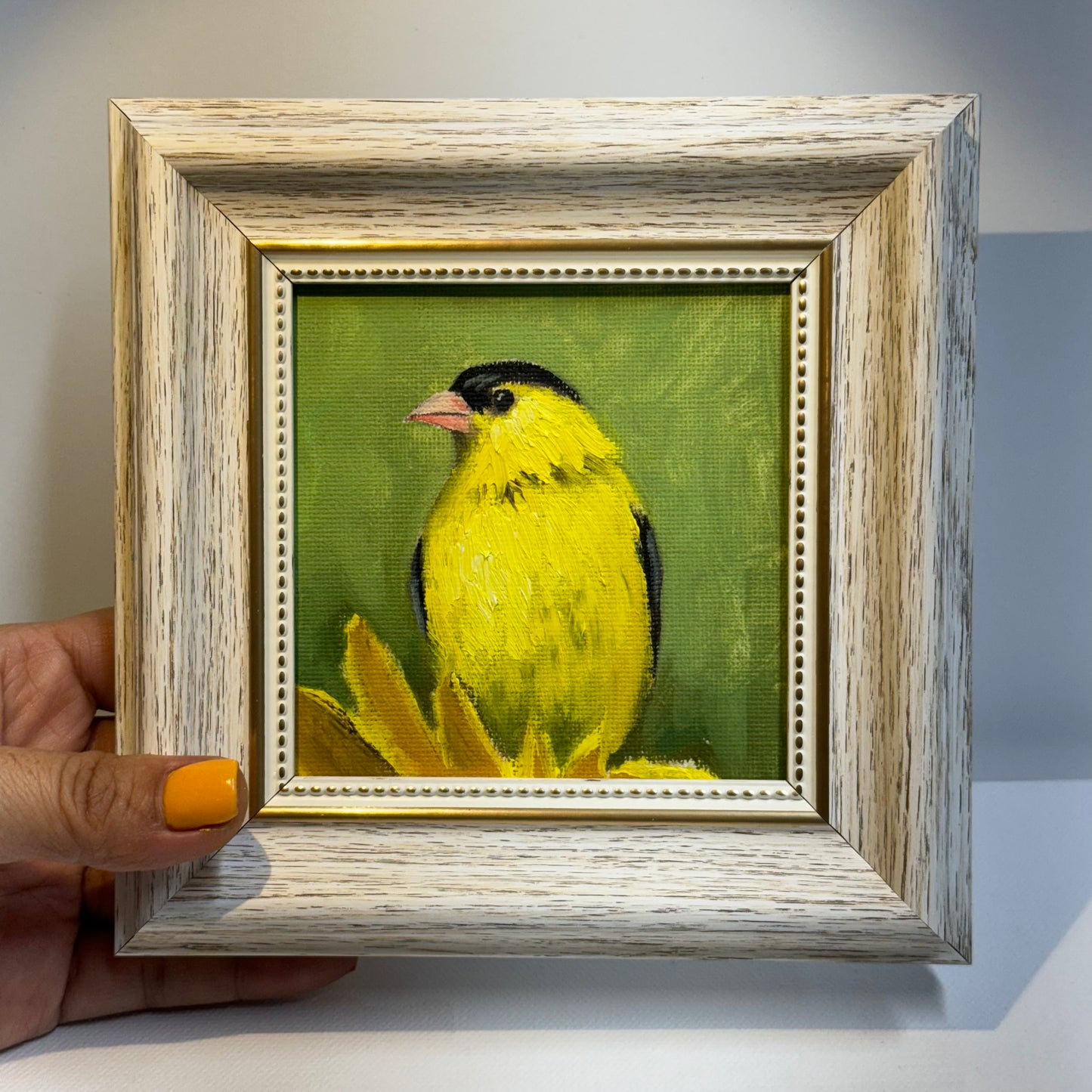 4"x4" Goldfinch: Original Small Oil Painting - Framed Canvas Artwork for Home Decor | Charming Bird Art, Unique Gift