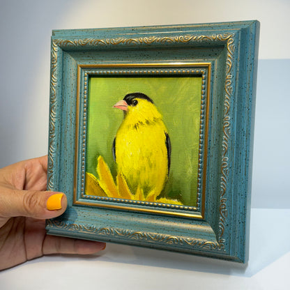 4"x4" Goldfinch: Original Small Oil Painting - Framed Canvas Artwork for Home Decor | Charming Bird Art, Unique Gift