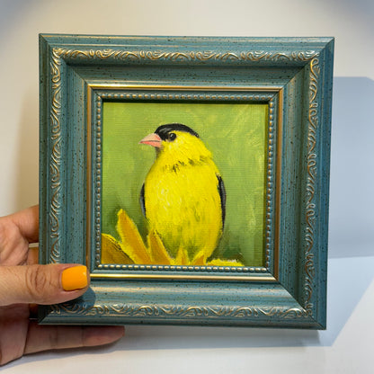 4"x4" Goldfinch: Original Small Oil Painting - Framed Canvas Artwork for Home Decor | Charming Bird Art, Unique Gift