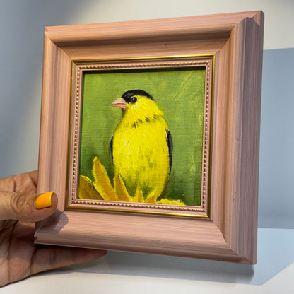 4"x4" Goldfinch: Original Small Oil Painting - Framed Canvas Artwork for Home Decor | Charming Bird Art, Unique Gift