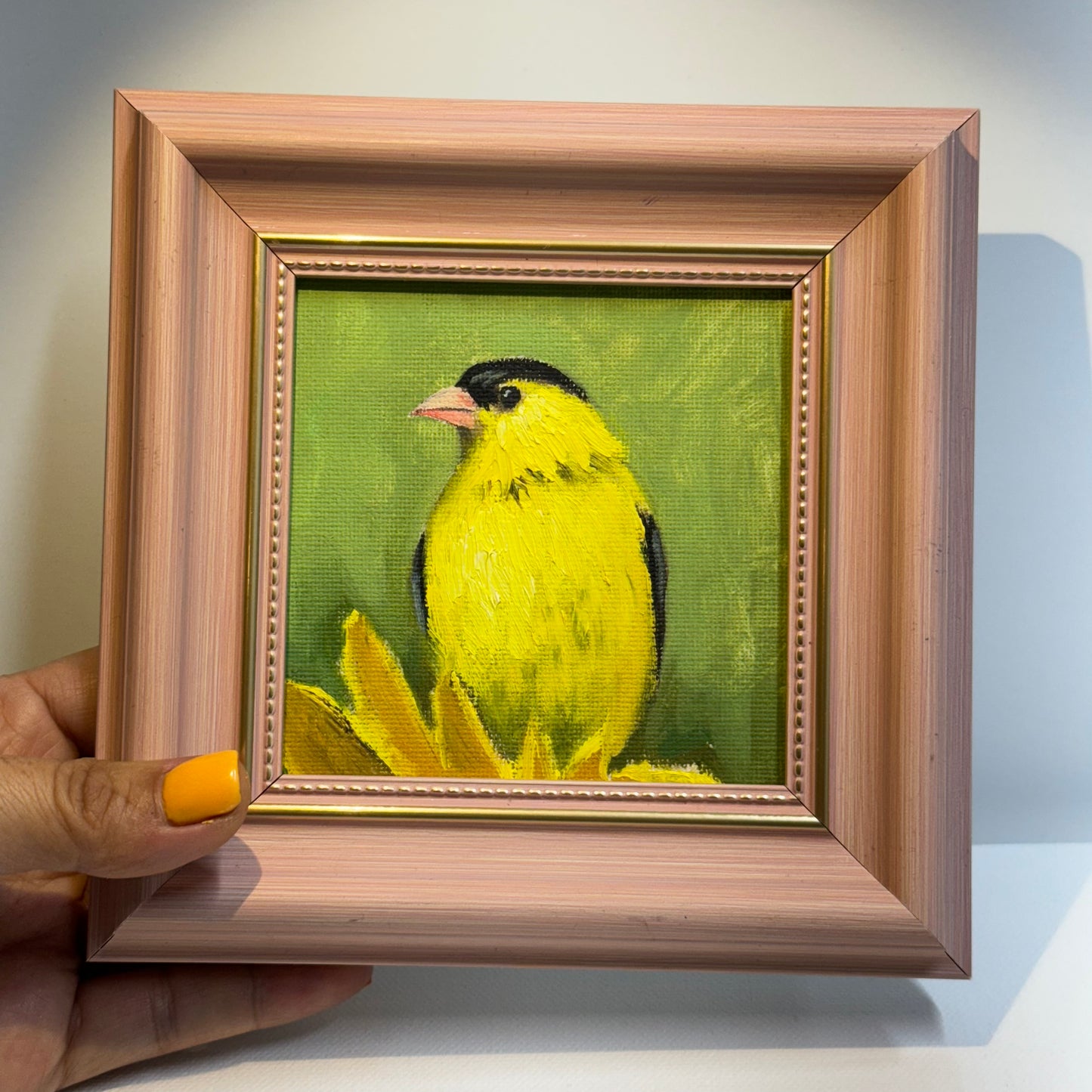 4"x4" Goldfinch: Original Small Oil Painting - Framed Canvas Artwork for Home Decor | Charming Bird Art, Unique Gift