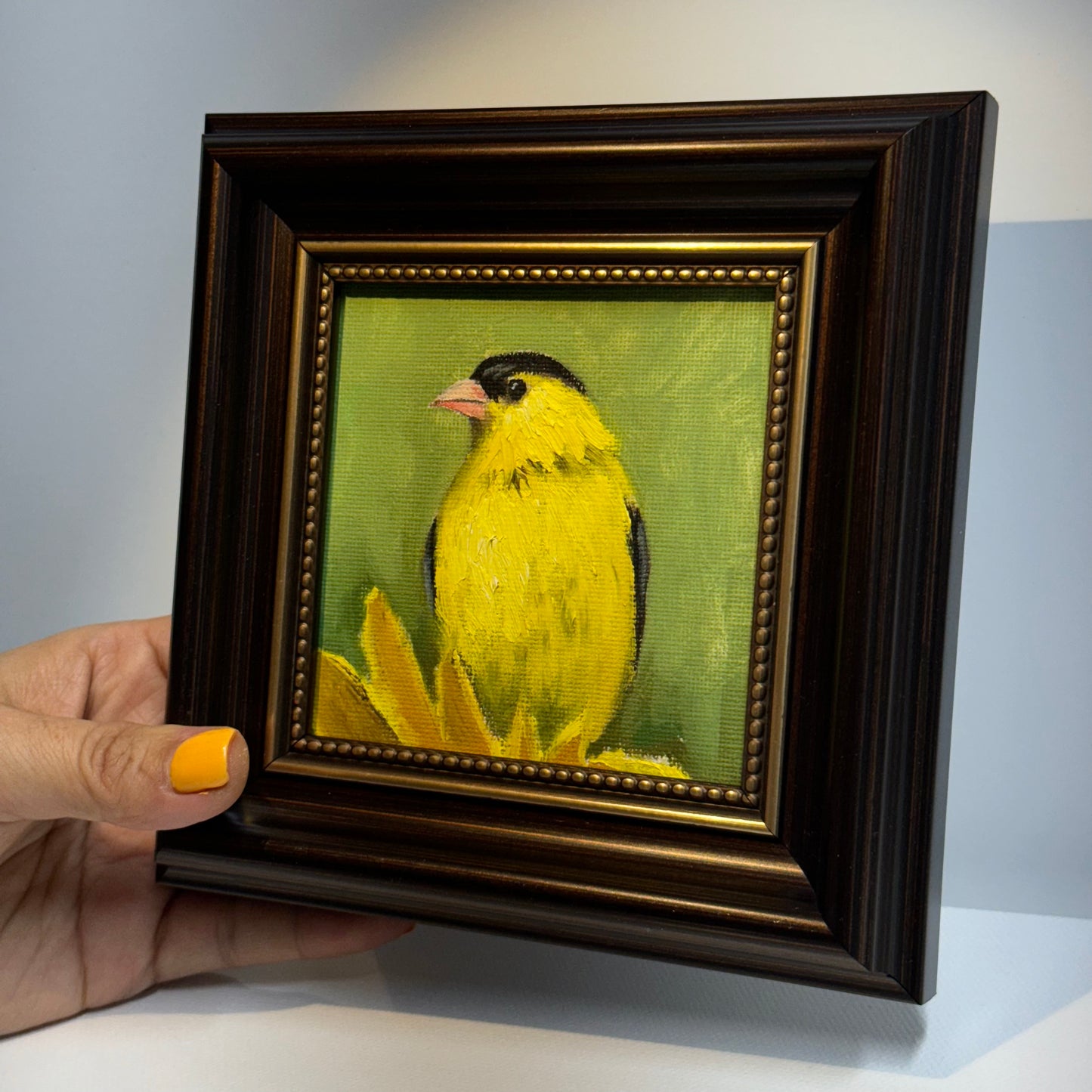 4"x4" Goldfinch: Original Small Oil Painting - Framed Canvas Artwork for Home Decor | Charming Bird Art, Unique Gift