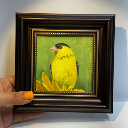 4"x4" Goldfinch: Original Small Oil Painting - Framed Canvas Artwork for Home Decor | Charming Bird Art, Unique Gift