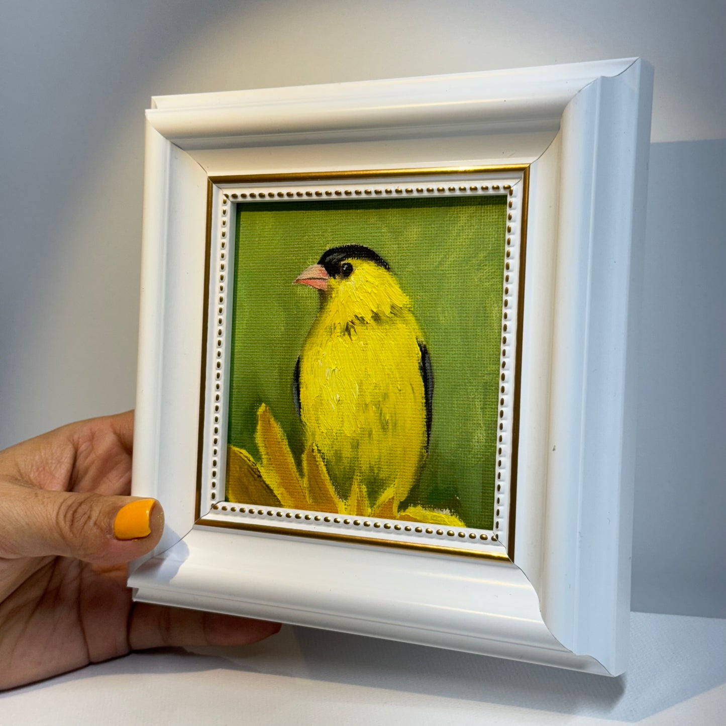 4"x4" Goldfinch: Original Small Oil Painting - Framed Canvas Artwork for Home Decor | Charming Bird Art, Unique Gift