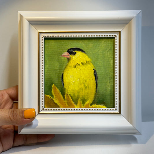 4"x4" Goldfinch: Original Small Oil Painting - Framed Canvas Artwork for Home Decor | Charming Bird Art, Unique Gift