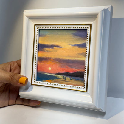 4"x4" Sunsets: Original Small Oil Painting - Framed Canvas Artwork for Home Decor | Tranquil Landscape Art, Serene Gift