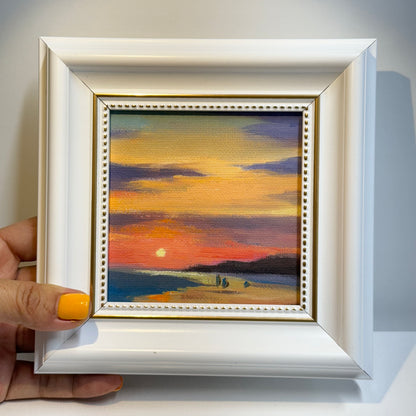 4"x4" Sunsets: Original Small Oil Painting - Framed Canvas Artwork for Home Decor | Tranquil Landscape Art, Serene Gift