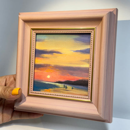 4"x4" Sunsets: Original Small Oil Painting - Framed Canvas Artwork for Home Decor | Tranquil Landscape Art, Serene Gift