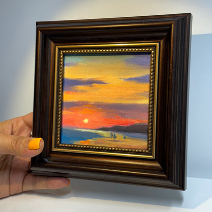 4"x4" Sunsets: Original Small Oil Painting - Framed Canvas Artwork for Home Decor | Tranquil Landscape Art, Serene Gift