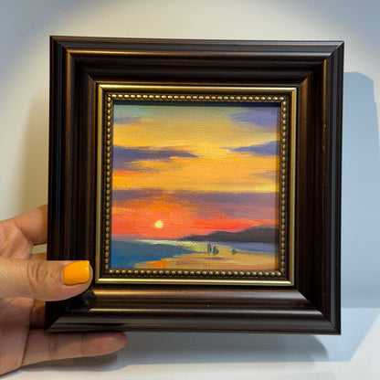 4"x4" Sunsets: Original Small Oil Painting - Framed Canvas Artwork for Home Decor | Tranquil Landscape Art, Serene Gift