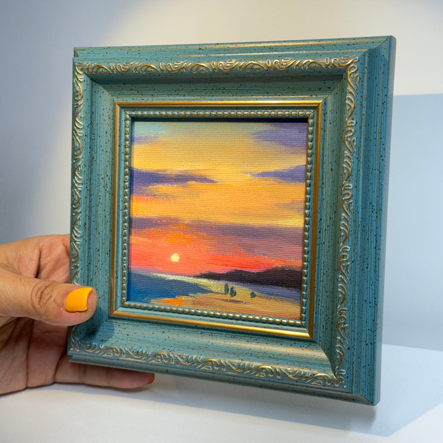 4"x4" Sunsets: Original Small Oil Painting - Framed Canvas Artwork for Home Decor | Tranquil Landscape Art, Serene Gift