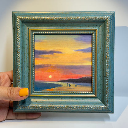 4"x4" Sunsets: Original Small Oil Painting - Framed Canvas Artwork for Home Decor | Tranquil Landscape Art, Serene Gift