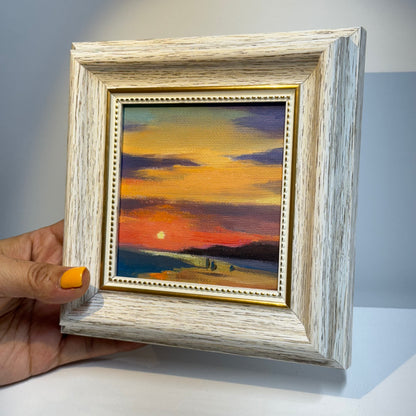 4"x4" Sunsets: Original Small Oil Painting - Framed Canvas Artwork for Home Decor | Tranquil Landscape Art, Serene Gift