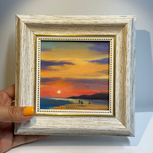 4"x4" Sunsets: Original Small Oil Painting - Framed Canvas Artwork for Home Decor | Tranquil Landscape Art, Serene Gift