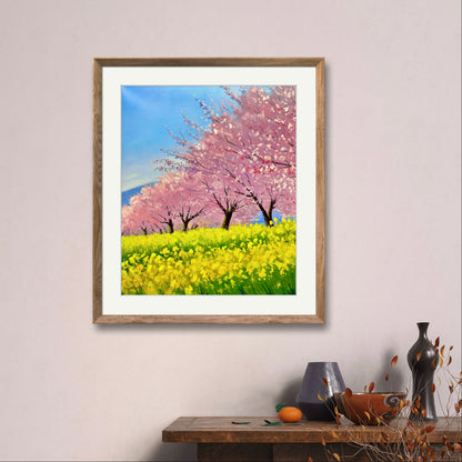 20"x24" Original oil painting on Stretched Canvas without frame Cherry blossoms mustard flower