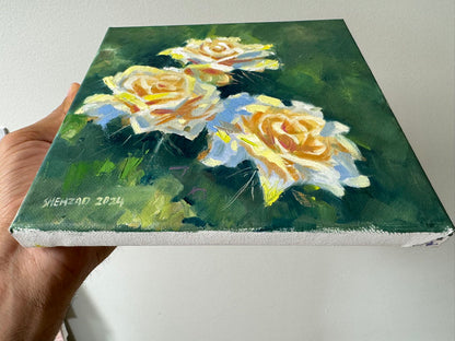 8"x8" Yellow roses original oil painting on stretched Canvas/ perfect gift for Mother's day