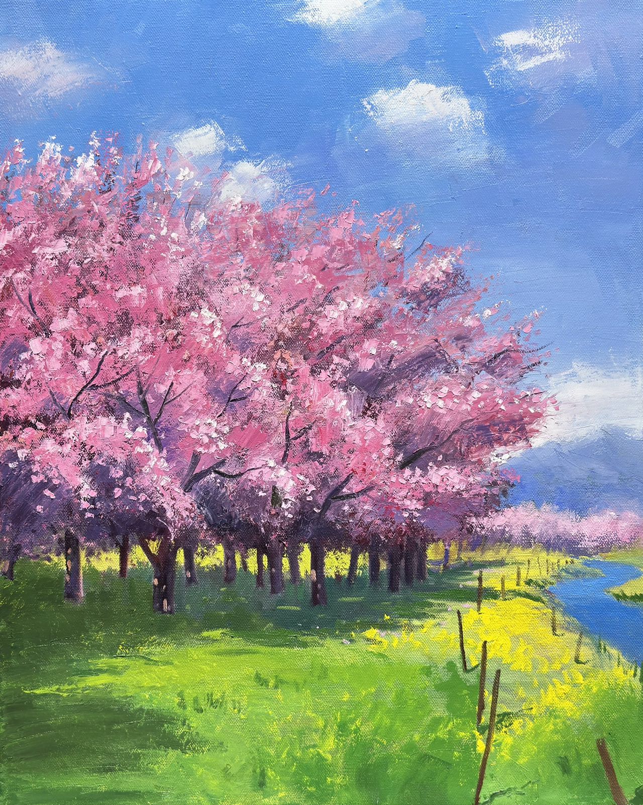 16"x20" Cherry blossoms Original handmade oil painting art on Stretched Canvas