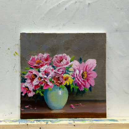 6"x6" Pink Peony original oil painting on stretched Canvas/wall art decor /perfect gift for Mom, girl friend