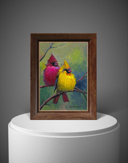 5"x7" A pair of Northern Cardinals Original custom oil painting on Canvas panel wall art