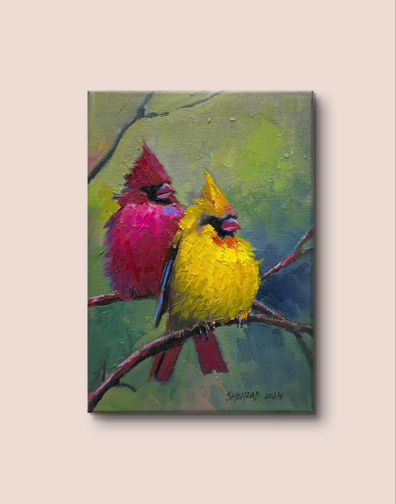 Original oil painting on canvas, stretched, Cardinal birds couple, 2024 8/8 inches