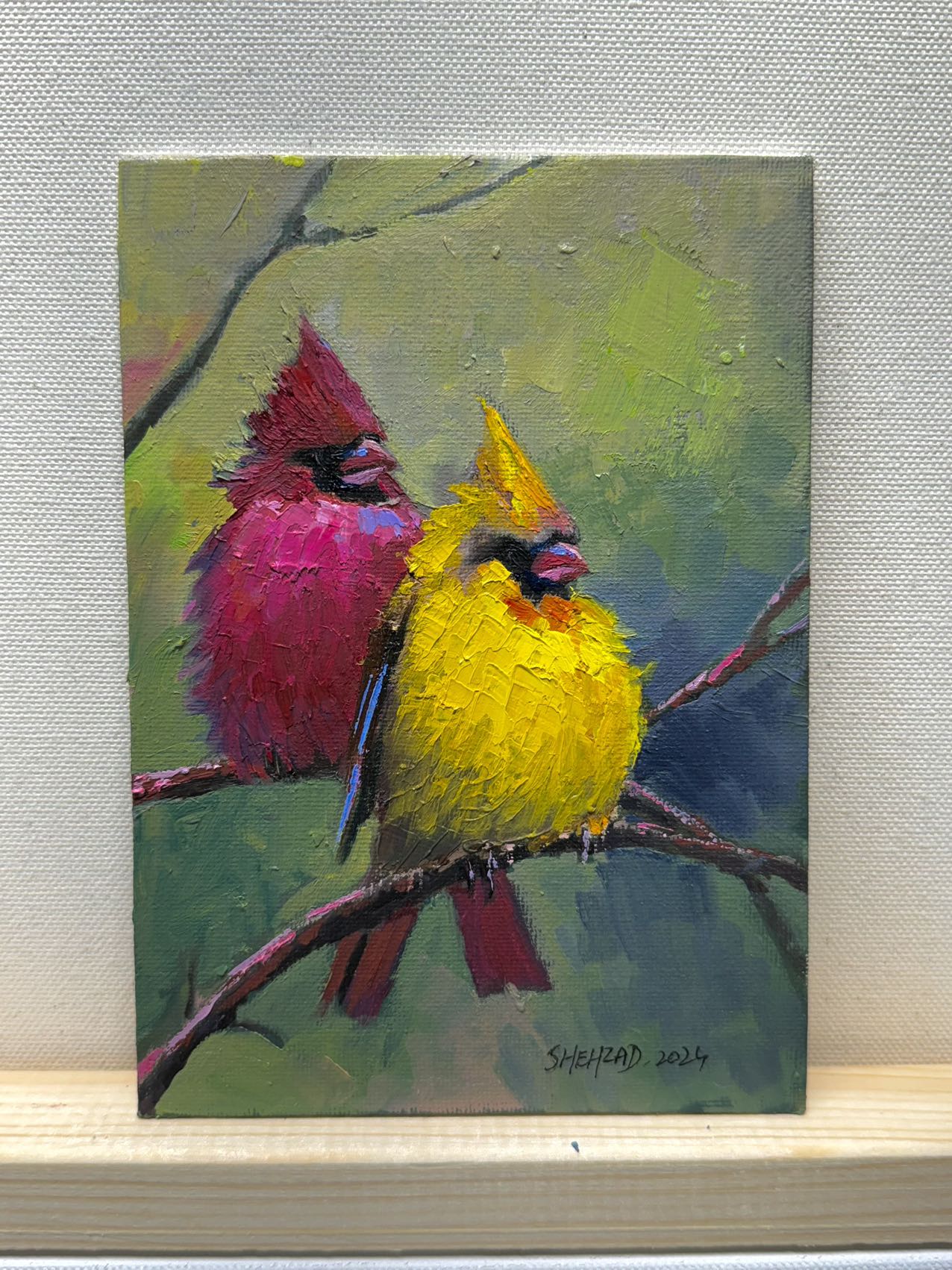 5"x7" A pair of Northern Cardinals Original custom oil painting on Canvas panel wall art