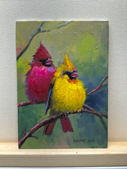 5"x7" A pair of Northern Cardinals Original custom oil painting on Canvas panel wall art