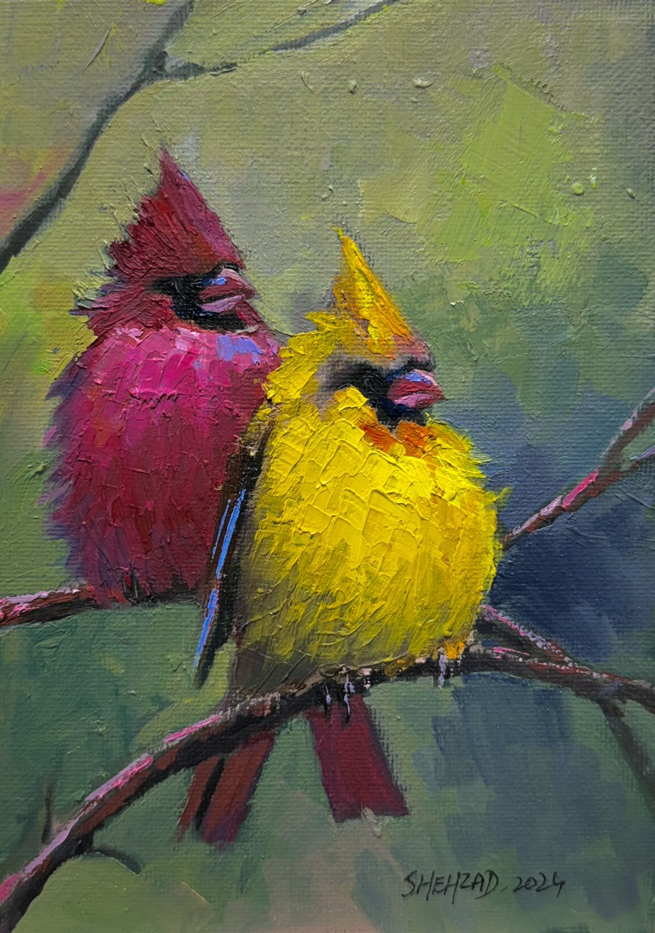 5"x7" A pair of Northern Cardinals Original custom oil painting on Canvas panel wall art