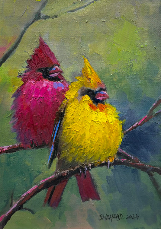 5"x7" A pair of Northern Cardinals Original custom oil painting on Canvas panel wall art