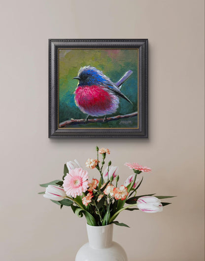 6"x6" Pink Robin Handmade original oil painting on canvas wall art Christmas gift