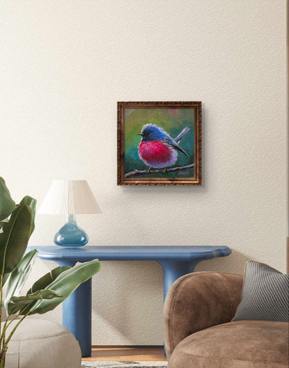 6"x6" Pink Robin Handmade original oil painting on canvas wall art Christmas gift