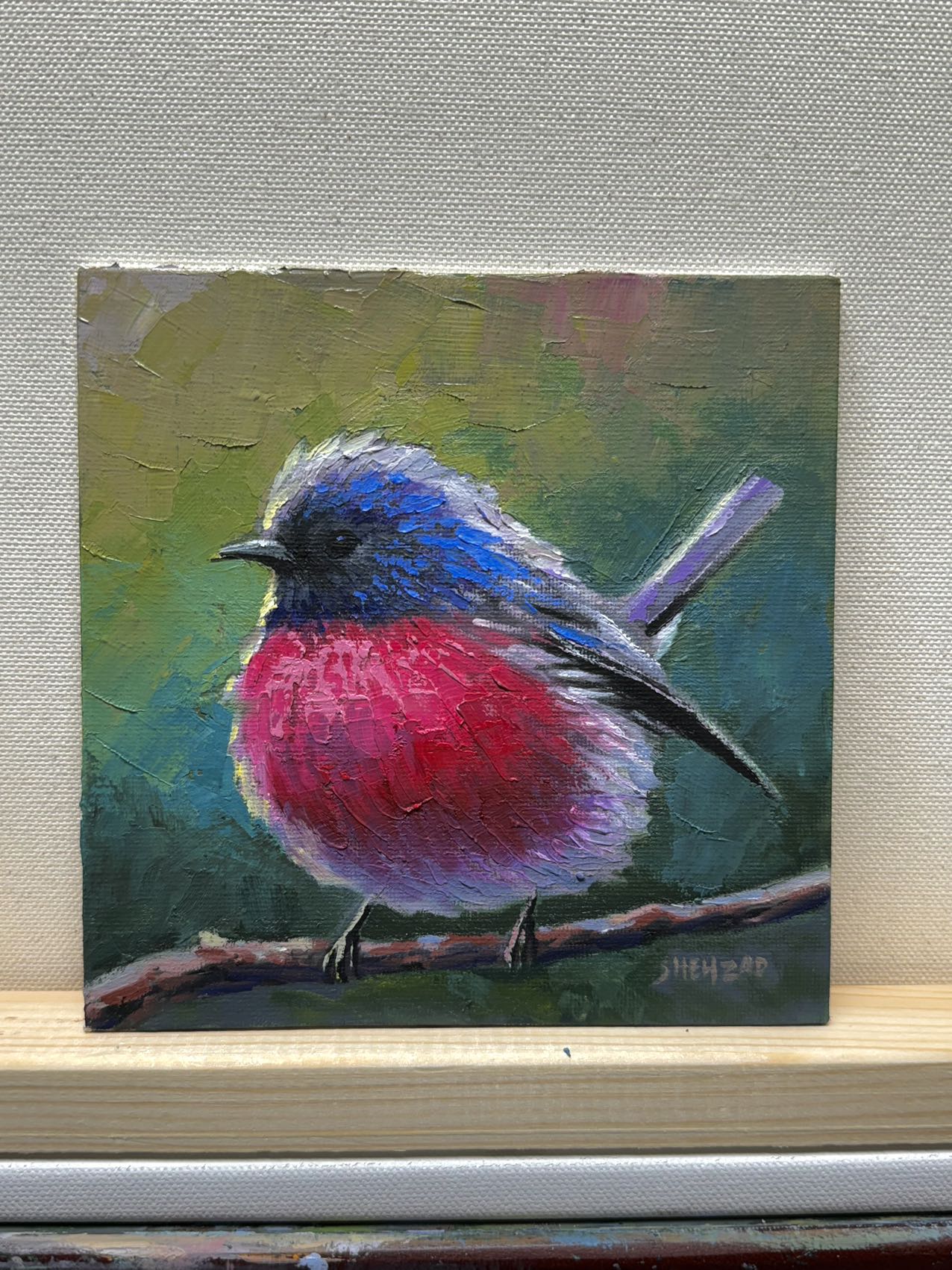 6"x6" Pink Robin Handmade original oil painting on canvas wall art Christmas gift