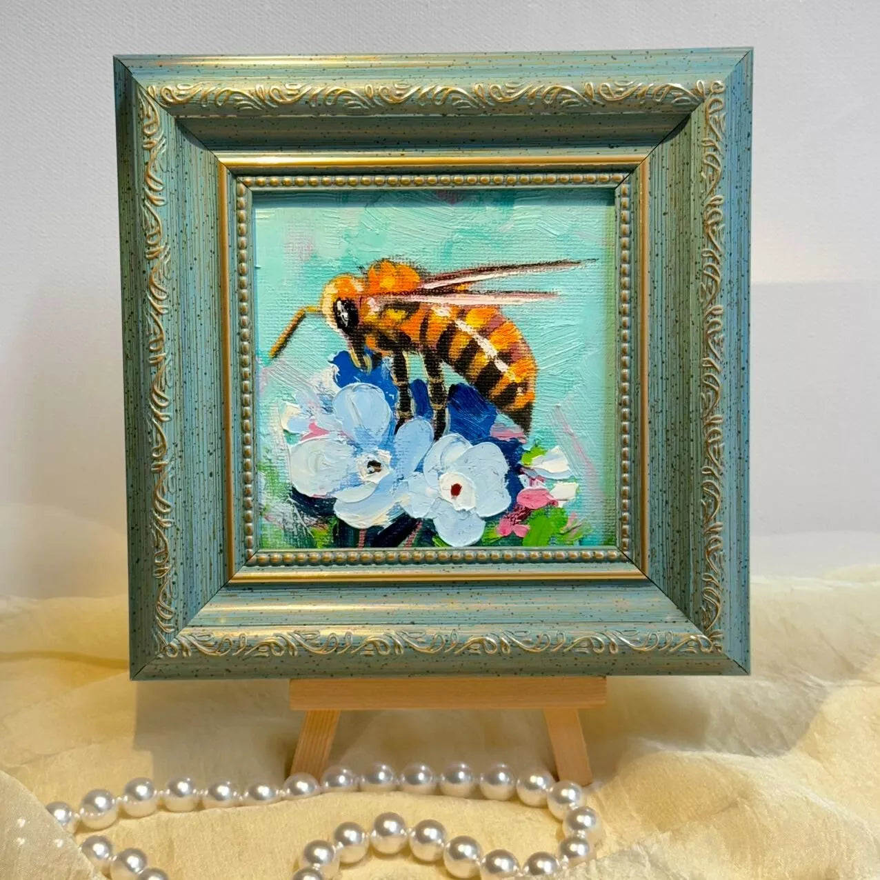 Bumble bee original 4"x4" small oil painting with frame wall art home decor