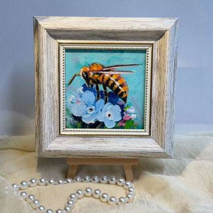 Bumble bee original 4"x4" small oil painting with frame wall art home decor