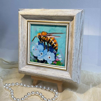 Bumble bee original 4"x4" small oil painting with frame wall art home decor