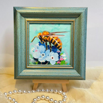 Bumble bee original 4"x4" small oil painting with frame wall art home decor