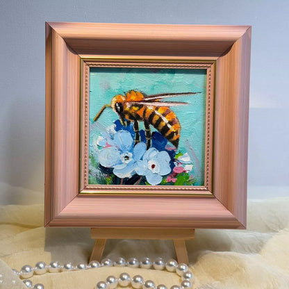 Bumble bee original 4"x4" small oil painting with frame wall art home decor