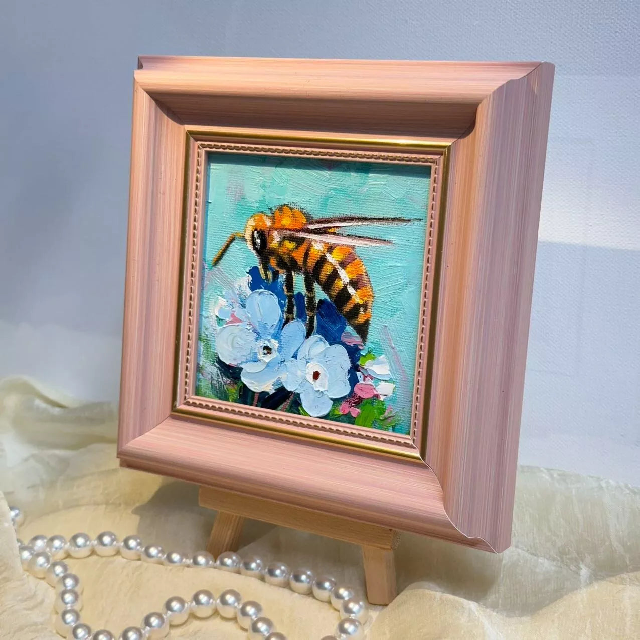 Bumble bee original 4"x4" small oil painting with frame wall art home decor