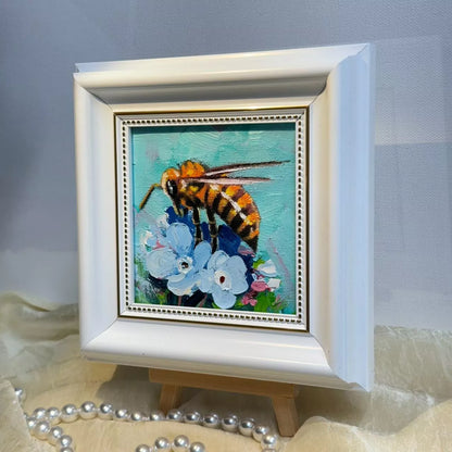 Bumble bee original 4"x4" small oil painting with frame wall art home decor