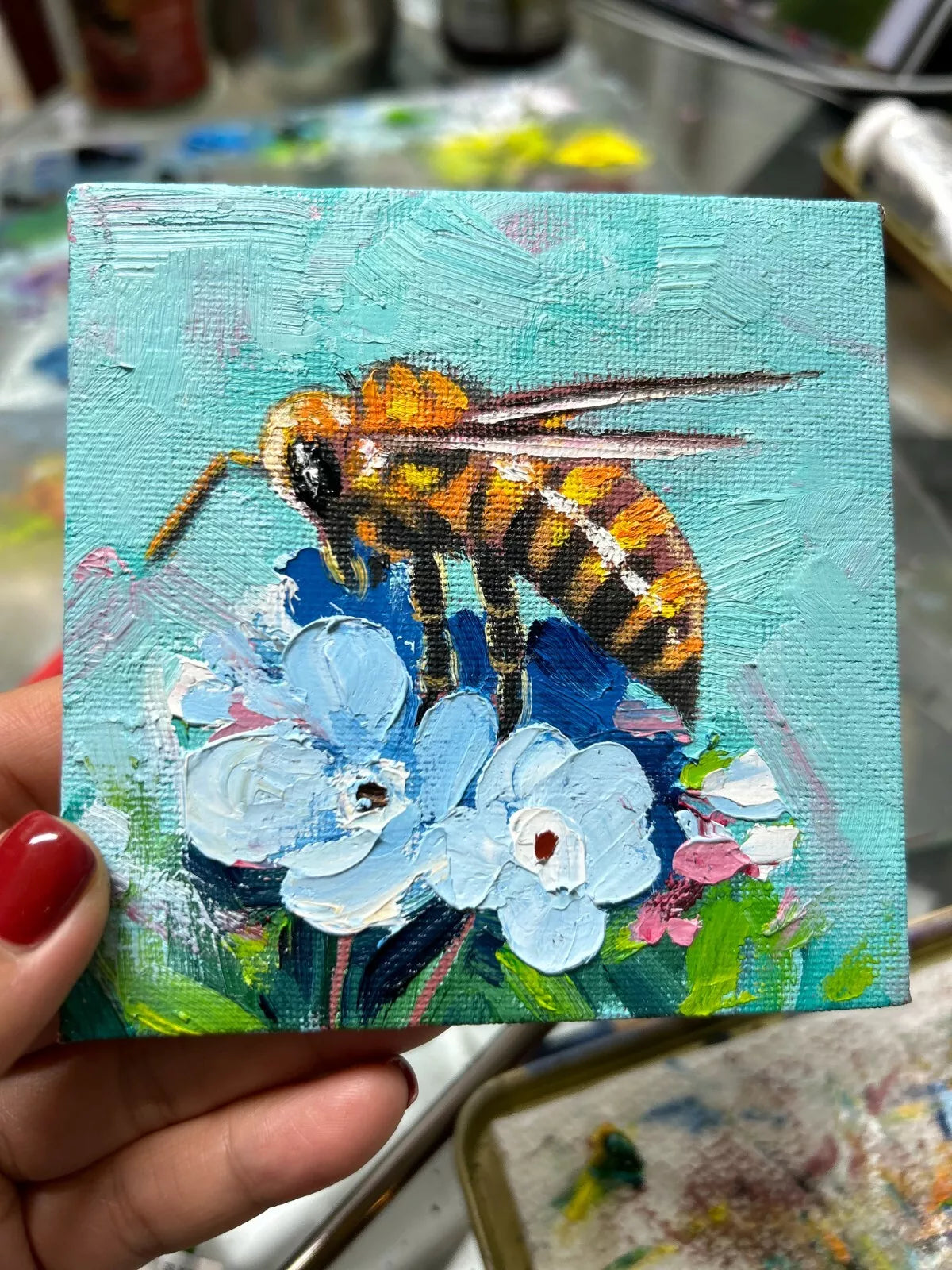 Bumble bee original 4"x4" small oil painting with frame wall art home decor