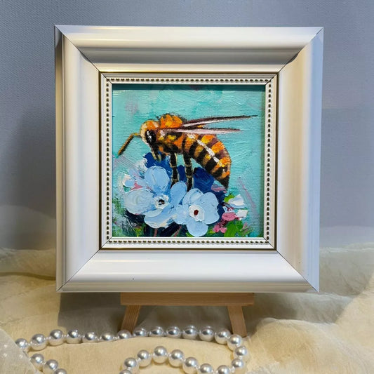 Bumble bee original 4"x4" small oil painting with frame wall art home decor