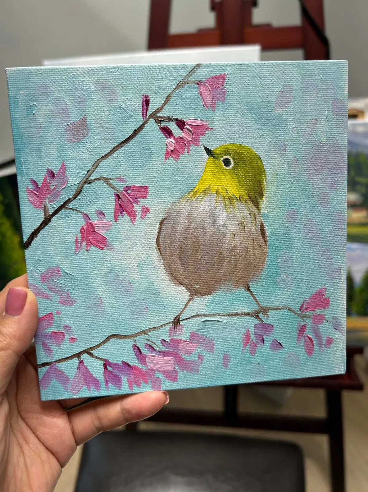 Adorable Bird Wall Art - Original Handmade Oil Painting on canvas/ perfect gift for Christmas