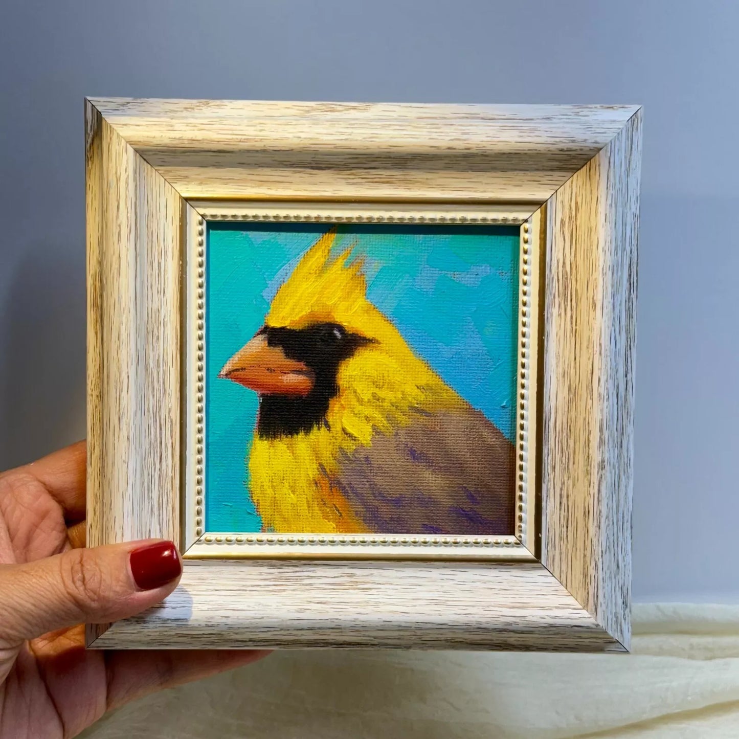 4"x4"Original Yellow Cardinal Birds Oil Painting - Framed Canvas Wall Art - Hand-Painted