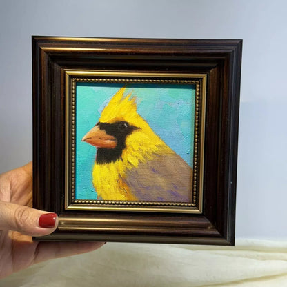 4"x4"Original Yellow Cardinal Birds Oil Painting - Framed Canvas Wall Art - Hand-Painted