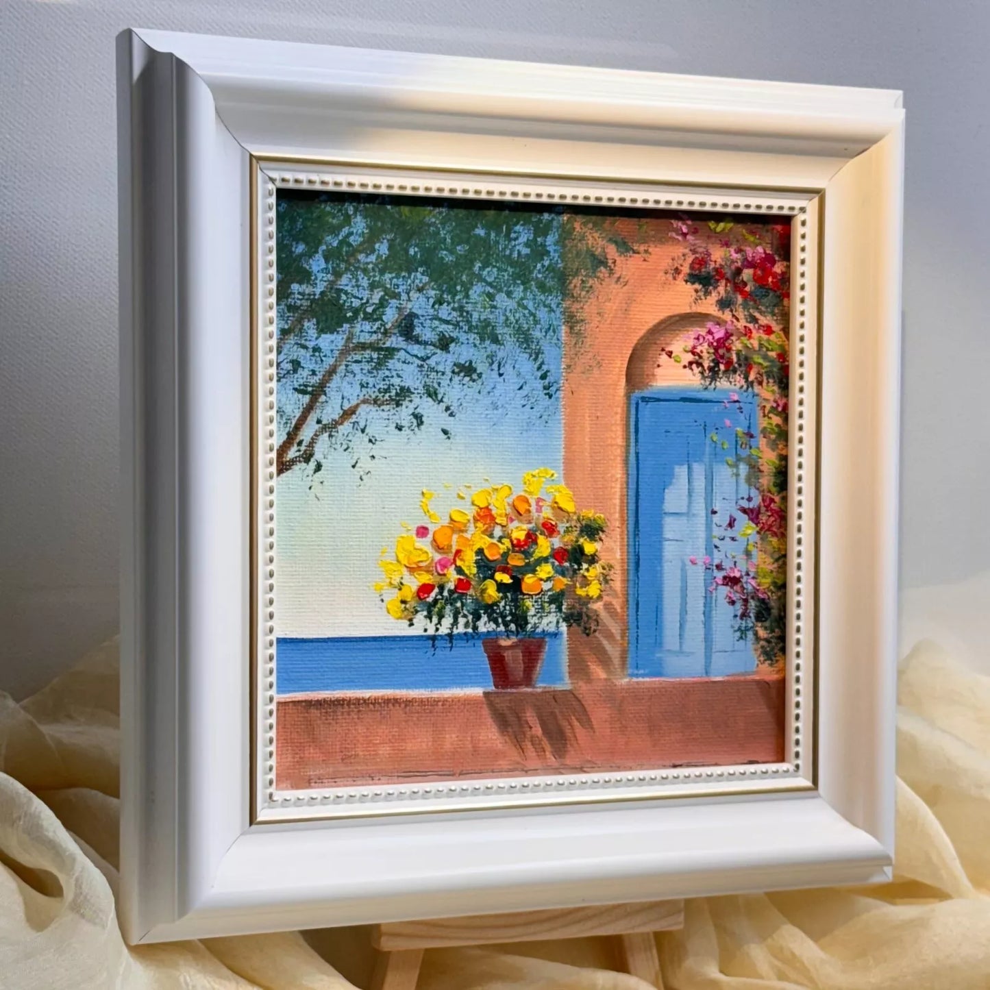 6"x6 Mediterranean Scene with Flowered Terrace: hand painted Original Oil Painting