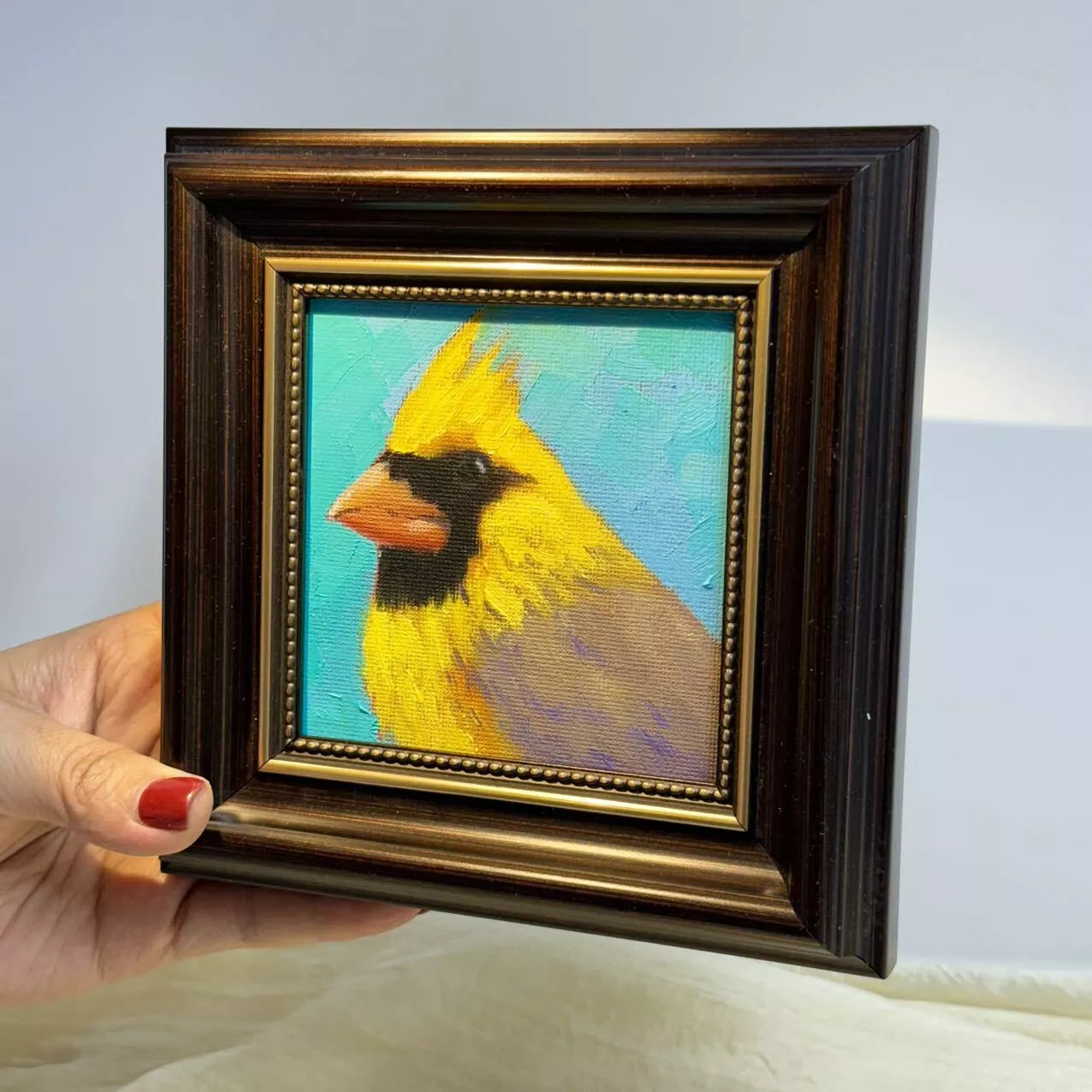 4"x4"Original Yellow Cardinal Birds Oil Painting - Framed Canvas Wall Art - Hand-Painted