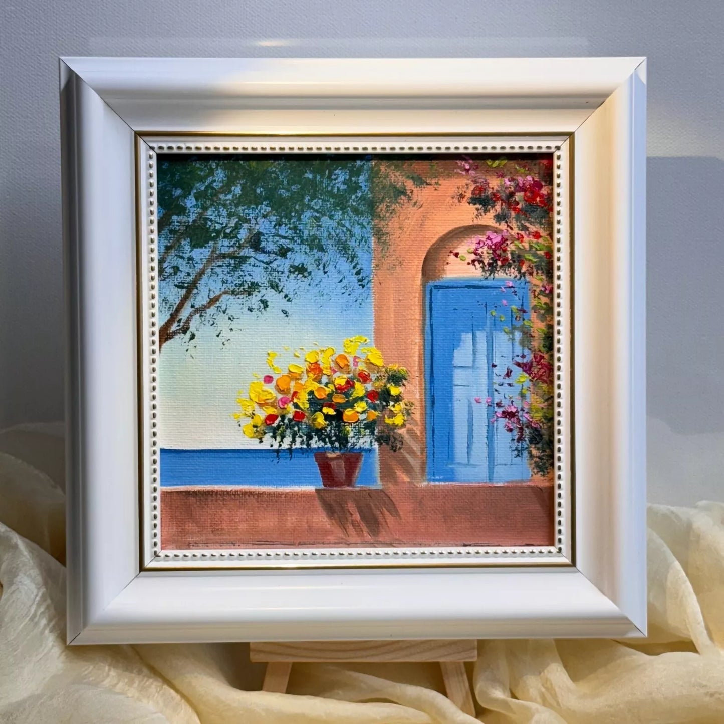 6"x6 Mediterranean Scene with Flowered Terrace: hand painted Original Oil Painting