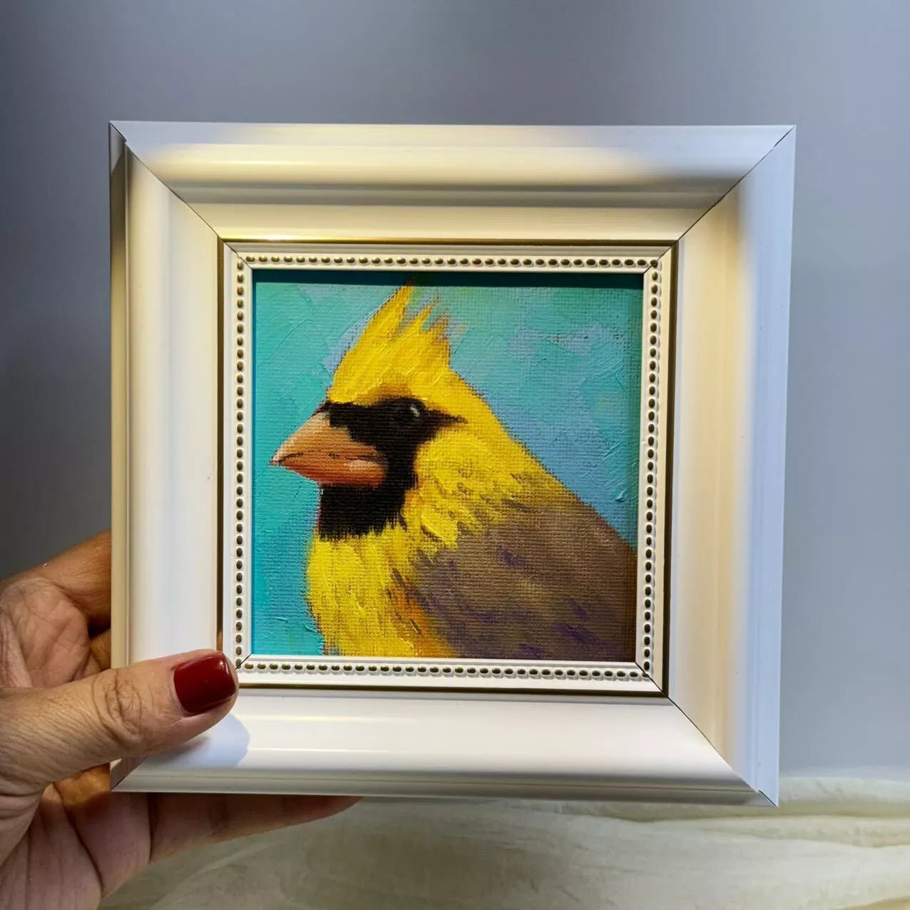 4"x4"Original Yellow Cardinal Birds Oil Painting - Framed Canvas Wall Art - Hand-Painted