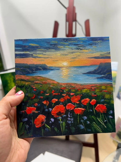 6"x6 Poppy Field Bliss: Sunset flowers Original Handmade oil painting on Canvas panel Wall Art