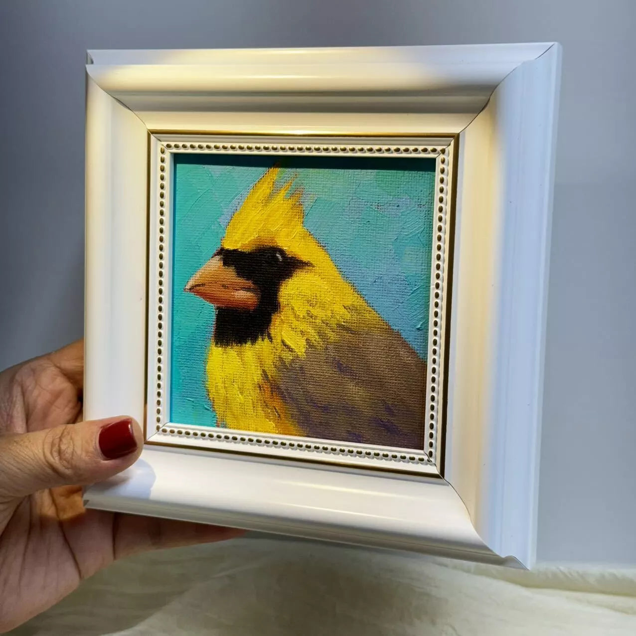 4"x4"Original Yellow Cardinal Birds Oil Painting - Framed Canvas Wall Art - Hand-Painted