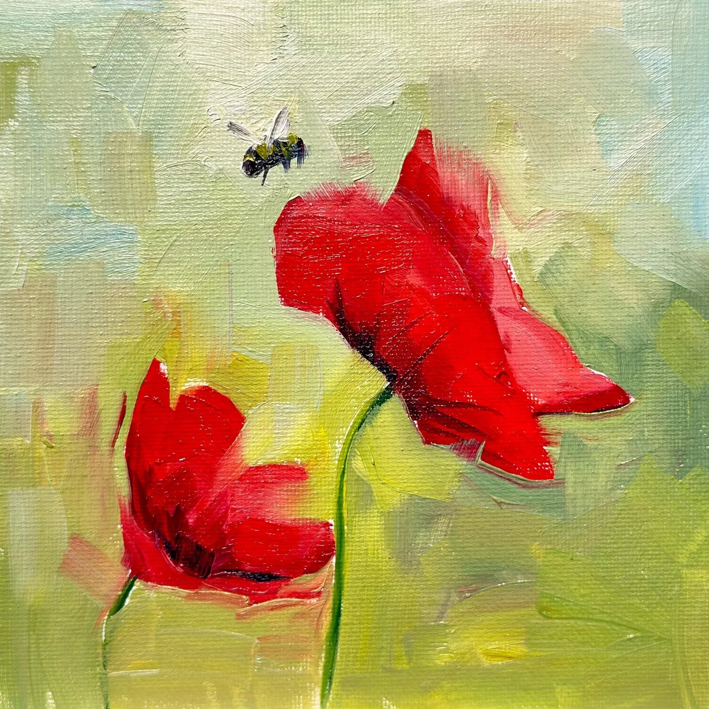 6"x6" Red Poppy flower Original Handmade oil painting on Canvas panel Wall Art